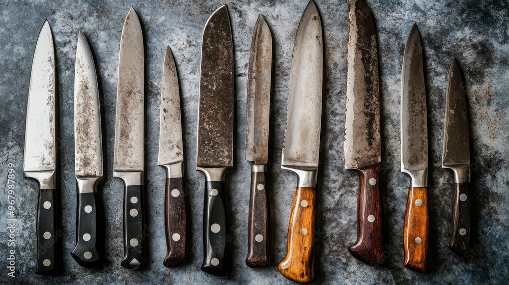 Several sharp knives, big and small, are placed close together on a gray surface, pointing at each other. Several sharp knives, big and small, are placed close together on a gray surface, pointing at each other.