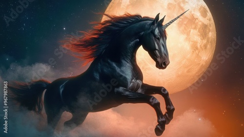 A vampire unicorn with sharp fangs and a flowing, crimson mane, rearing up in front of a full moon photo