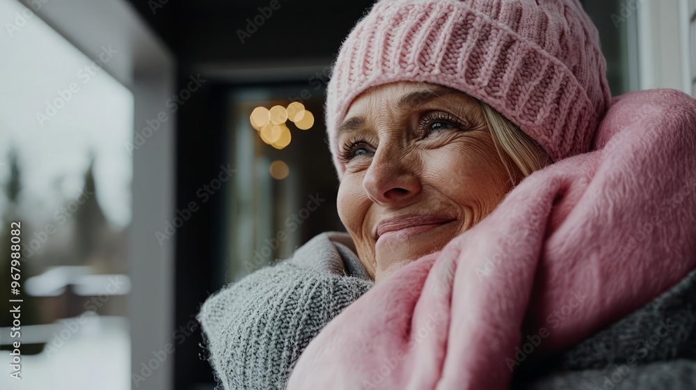 Smiling woman bundled in winter clothes by window Smiling woman bundled in winter clothes by window