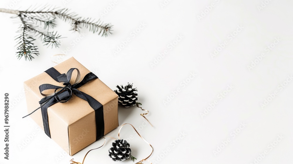Minimalistic composition with wrapped gift, ribbons and pine cones. New Year's theme with big copy space on a white background. Minimalistic composition with wrapped gift, ribbons and pine cones. New Year's theme with big copy space on a white background.