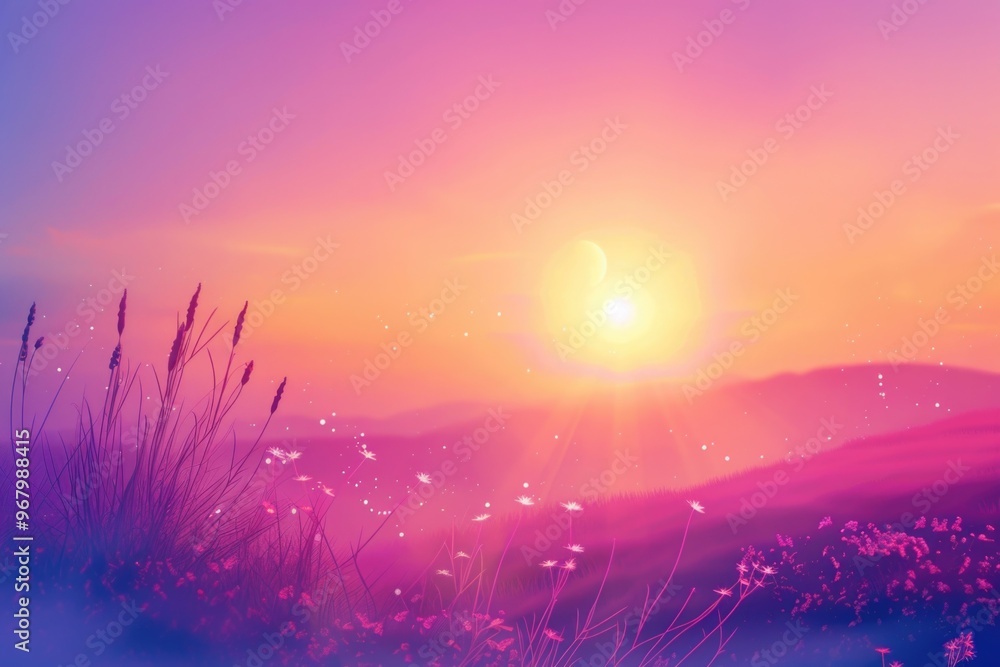 Breathtaking view of sunset with clouds in purple sky, mountains and field of flowers in foreground. Breathtaking view of sunset with clouds in purple sky, mountains and field of flowers in foreground.