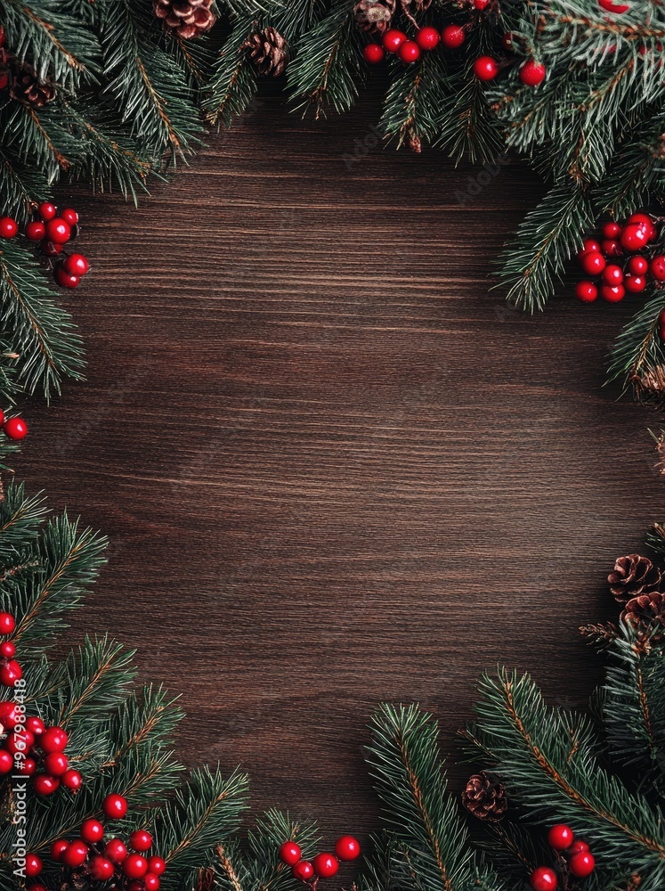 Christmas Wooden Background with Fir Branches and Red Berries for Festive Web Design Christmas Wooden Background with Fir Branches and Red Berries for Festive Web Design