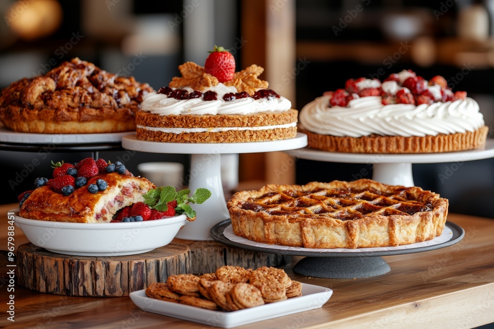 A delectable assortment of cakes and pies displayed on wooden stands, perfect for a cozy cafe or bakery setting. A delectable assortment of cakes and pies displayed on wooden stands, perfect for a cozy cafe or bakery setting.