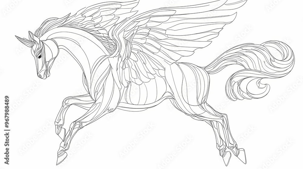 Fototapeta premium Single continuous line drawing pegasus winged stallion mythical animal icon. Pegasus. Illustration