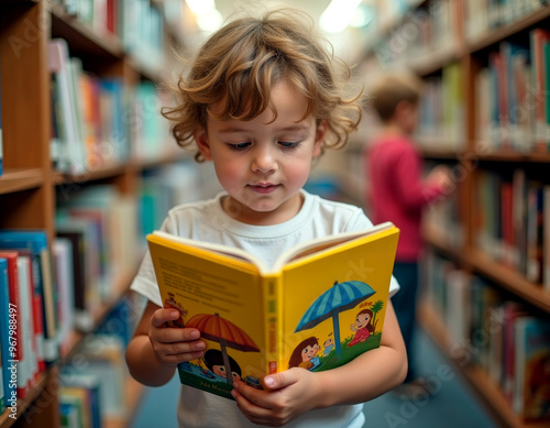 Young reader captivated by an illustrated children's book in a vibrant library setting