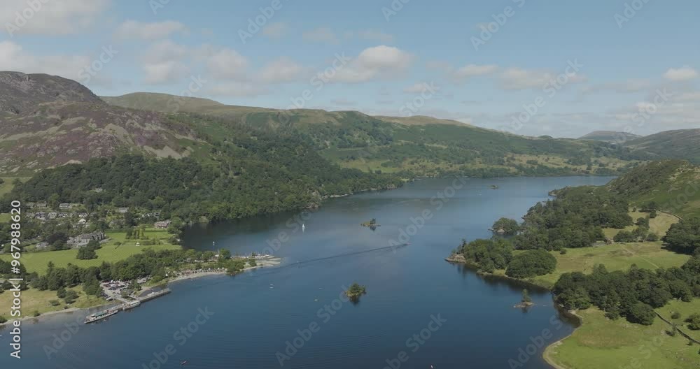 Aerial view of serene Ullswater lake surrounded by lush hills and a picturesque village in Lake District, Glenridding, United Kingdom. Aerial view of serene Ullswater lake surrounded by lush hills and a picturesque village in Lake District, Glenridding, United Kingdom.