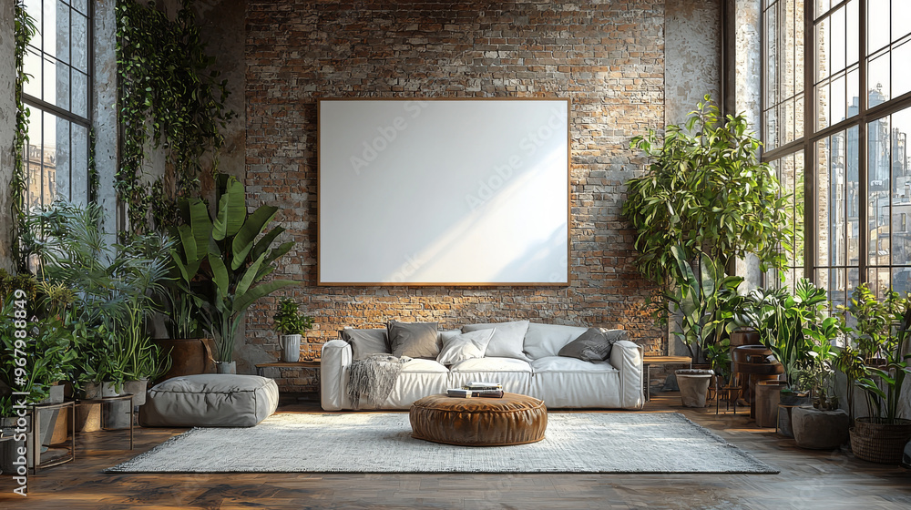 A modern living room with a large blank canvas, a white sofa, and an abundance of greenery. A modern living room with a large blank canvas, a white sofa, and an abundance of greenery.