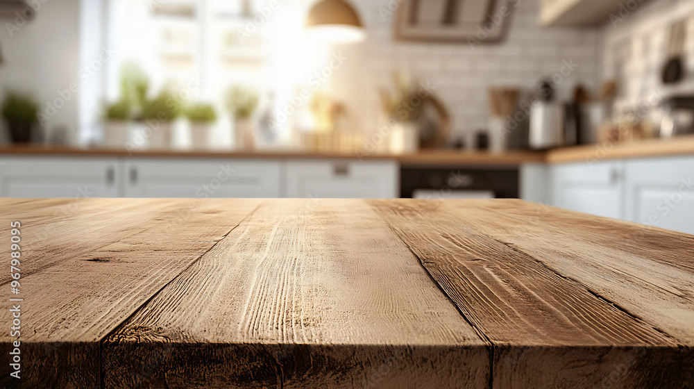 Wood table top on blur kitchen counter background Wood table top on blur kitchen counter background