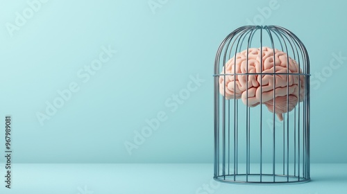 Caged Brain: A brain enclosed in a metallic cage, symbolizing limitation and the inability to expand beyond current boundaries