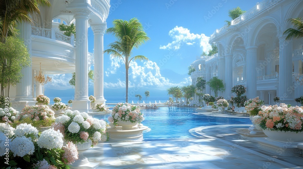 Fototapeta premium A serene setting featuring a pool, palm trees, and vibrant flowers