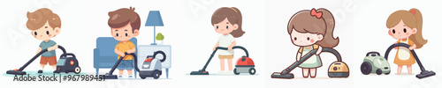 vector set of little boy using vacuum cleaner