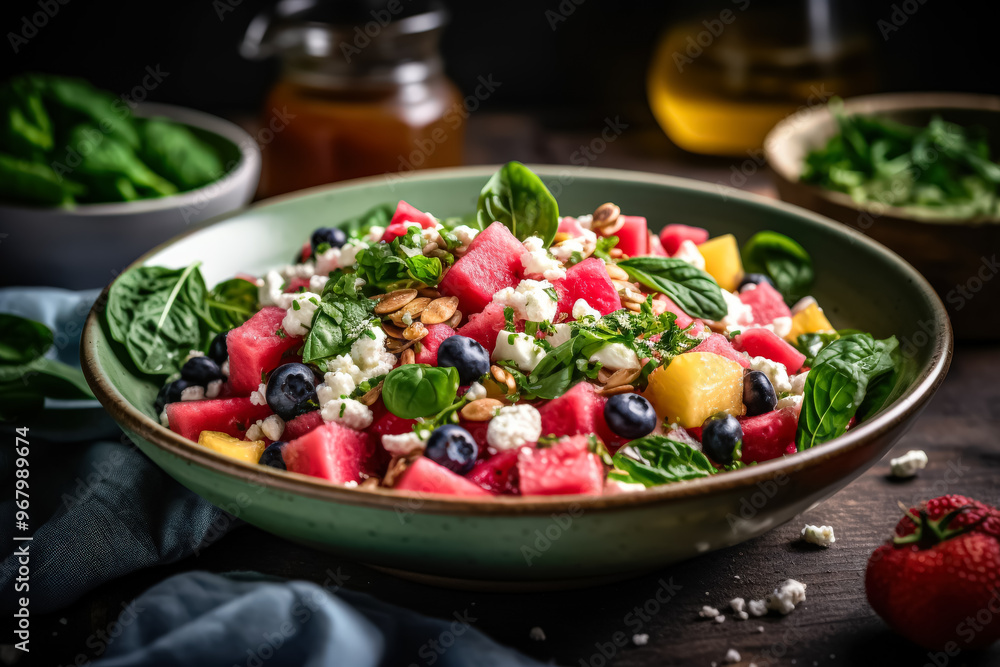 A bowl of watermelon and blueberries with mint leaves. A bowl of watermelon and blueberries with mint leaves.