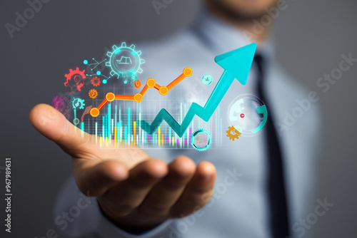 Productivity concept, Businessman hand with productivity icon for industrial management in efficiency and efficient process, growth, chart, hologram, Ai generated