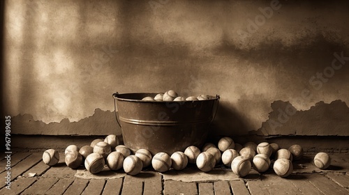 Generative AI, Rustic Scene with Two Metal Buckets Overflowing with Baseballs by a Brick Wall photo