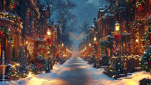 A magical Christmas evening in a cozy town with snow falling and houses decorated with lights.
