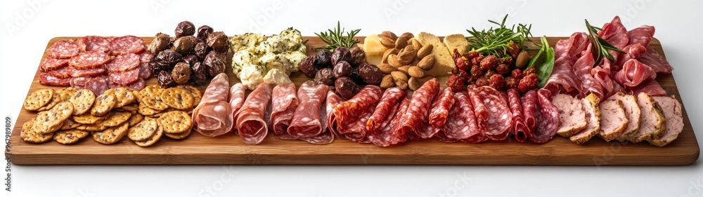 Elegant charcuterie board display featuring an array of gourmet cheeses, cured meats, vibrant fruits, and artisan breads, set against a clean white background for a sophisticated presentation Elegant charcuterie board display featuring an array of gourmet cheeses, cured meats, vibrant fruits, and artisan breads, set against a clean white background for a sophisticated presentation
