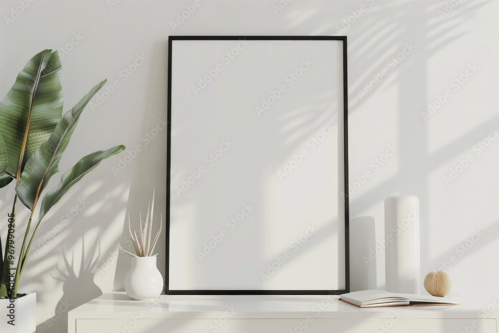 A minimalist bathroom with a stylish mirror and plant accents. A minimalist bathroom with a stylish mirror and plant accents.