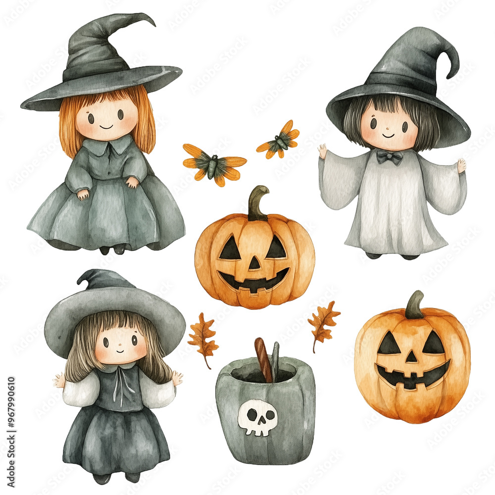 watercolor Halloween kid character and elements transparent background . watercolor Halloween kid character and elements transparent background .