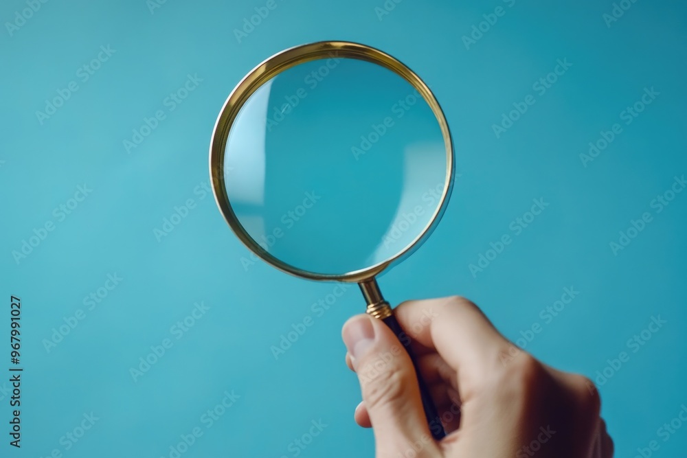 Close-up view of someone's hand holding a magnifying glass and examining an image or object. Close-up view of someone's hand holding a magnifying glass and examining an image or object.