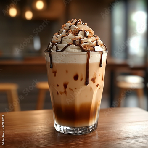 Creamy Frappe Topped with Whipped Cream and Chocolate Syrup