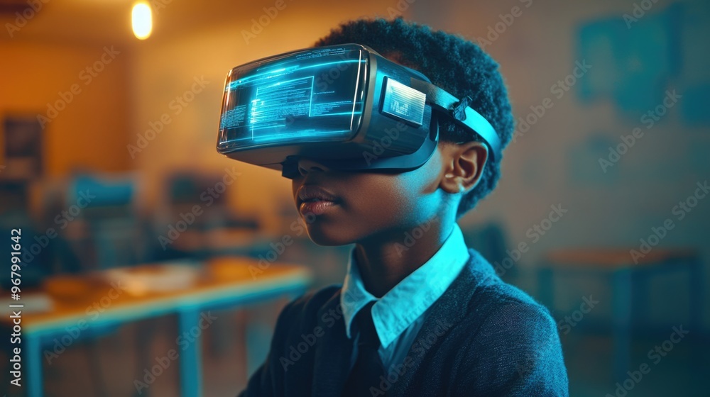 A young student wearing a VR headset, likely in a classroom setting. A young student wearing a VR headset, likely in a classroom setting.