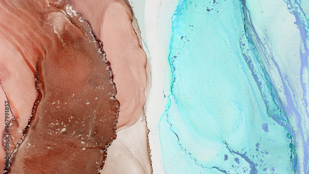Fototapeta premium Abstract art created with fluid acrylics shows a blend of brown and turquoise colors, capturing a stunning organic pattern