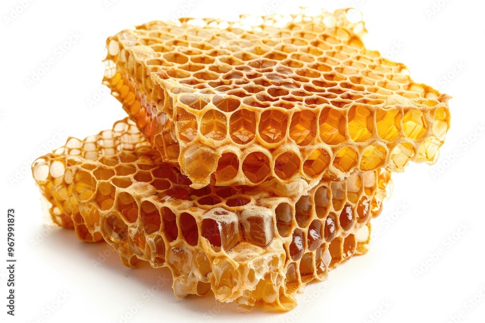 A pile of honeycombs arranged neatly on a white surface