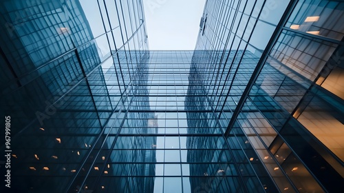 A low-angle view of a modern glass skyscraper facade