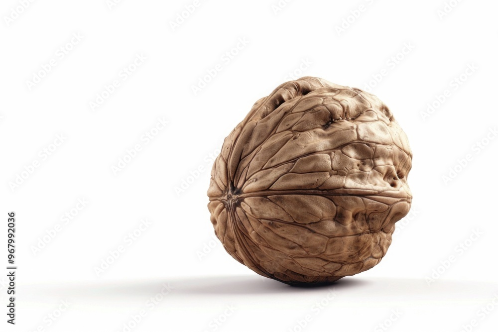 A single walnut shell on a white surface A single walnut shell on a white surface