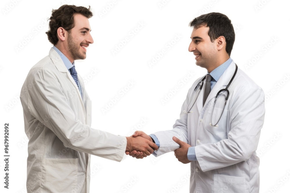 Two medical professionals exchanging greetings Two medical professionals exchanging greetings