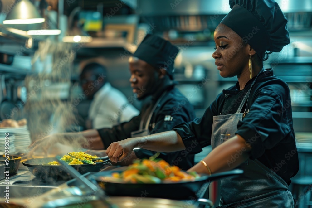 A group of chefs preparing and cooking food in a modern commercial kitchen A group of chefs preparing and cooking food in a modern commercial kitchen
