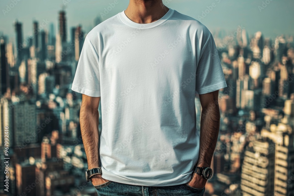 T-shirt worn by a model in an urban street wear style created with Generative AI T-shirt worn by a model in an urban street wear style created with Generative AI