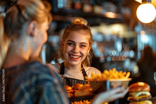 A woman holds a tray of food, possibly offering it to someone else