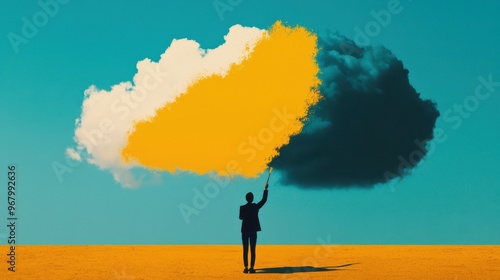 Creating Sunshine: A person standing under a dark cloud but holding a paintbrush, painting bright sunlight and blue skies around themselves photo