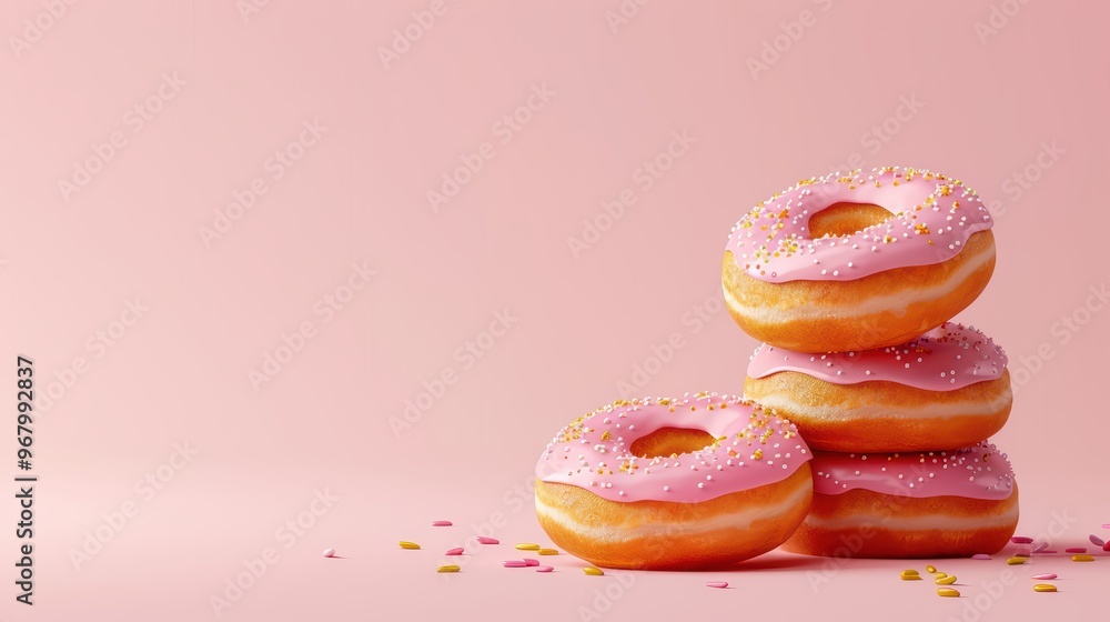 A stack of delicious pink frosted donuts sprinkled with colorful candy, perfect for dessert or snack cravings. A stack of delicious pink frosted donuts sprinkled with colorful candy, perfect for dessert or snack cravings.