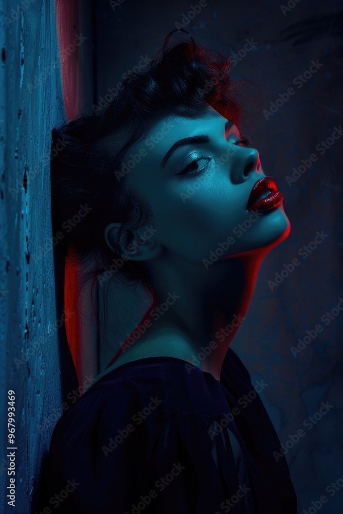 Fashionable portrait of a woman with an artistic twist, featuring vintage blue lighting and smoke effects to create a sultry mood. Fashionable portrait of a woman with an artistic twist, featuring vintage blue lighting and smoke effects to create a sultry mood.