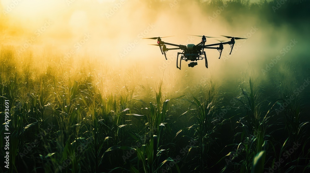 Zoomed-in image of chemical spray from a drone over a field of corn, illustrating the technological shift in farming and its environmental impact Zoomed-in image of chemical spray from a drone over a field of corn, illustrating the technological shift in farming and its environmental impact