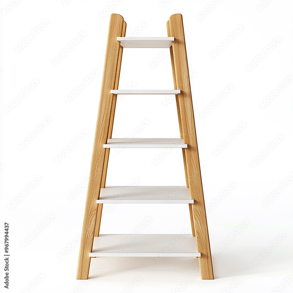 A wooden ladder shelf with five shelves, in a white and light wood color combination, isolated on a white background A wooden ladder shelf with five shelves, in a white and light wood color combination, isolated on a white background