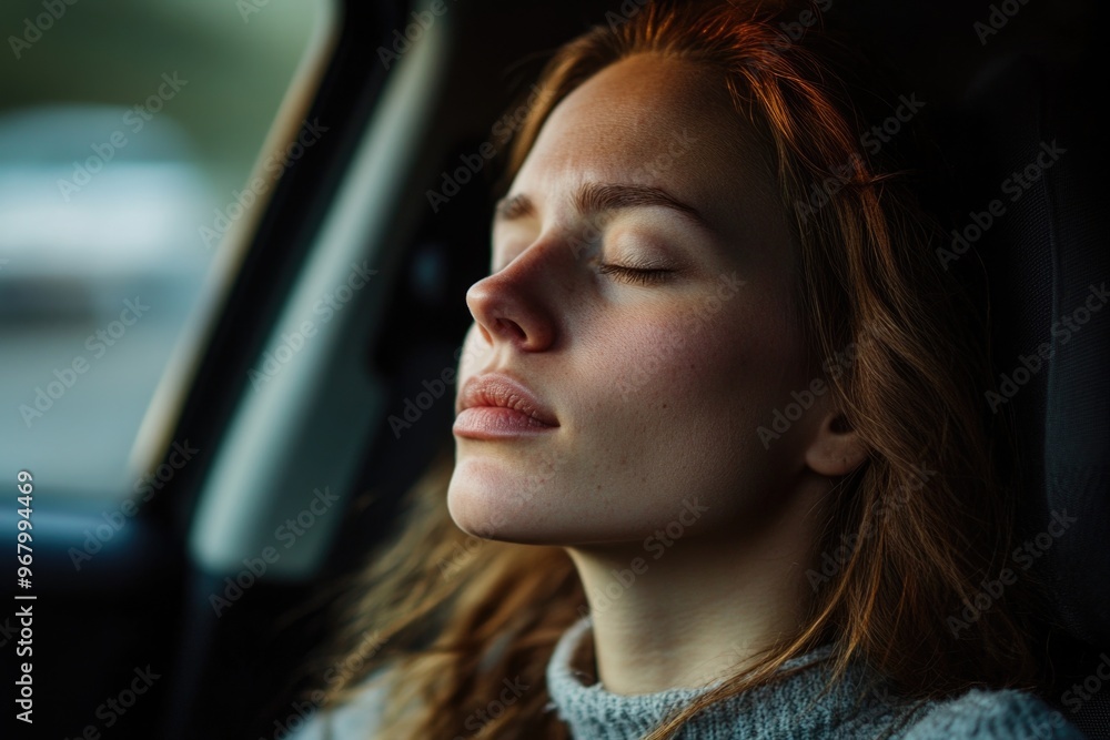 A woman with closed eyes, resting her head on a car door, appears to be asleep. She has short red hair and is wearing a grey sweater. This image could convey a sense of tranquility or travel. A woman with closed eyes, resting her head on a car door, appears to be asleep. She has short red hair and is wearing a grey sweater. This image could convey a sense of tranquility or travel.