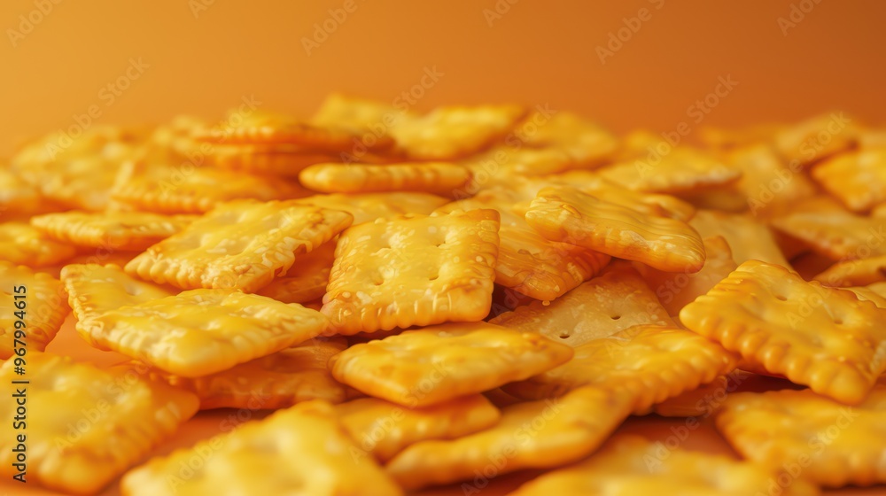 A vibrant pile of crunchy cheese crackers arranged on an orange background, perfect for snack and food themes. A vibrant pile of crunchy cheese crackers arranged on an orange background, perfect for snack and food themes.
