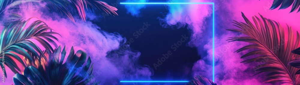 Fototapeta premium Neon Blue Frame with Palm Leaves and Pink Smoke