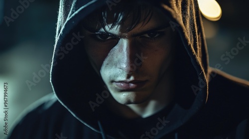 The image depicts a young male character with serious expression, wearing dark clothing resembling an urban vigilante or anti-hero archetype. This person is shown in two contrasting styles