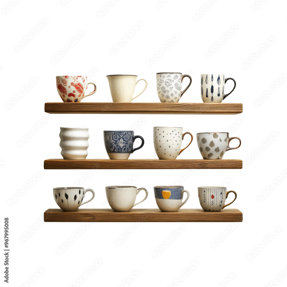 Obraz premium Collection of Colorful Ceramic Mugs on Wooden Shelf