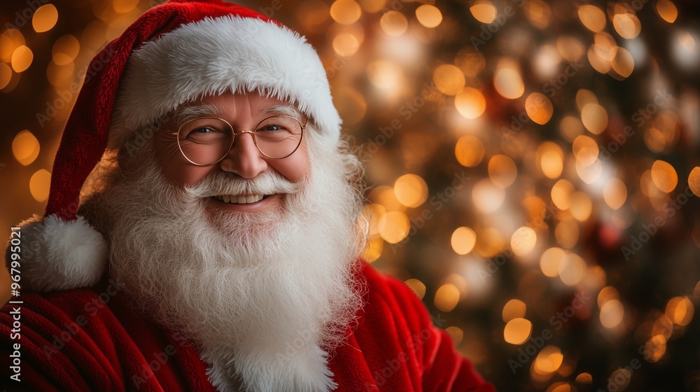 an individual dressed as Santa Claus with a blurred background of warm-toned Christmas lights. an individual dressed as Santa Claus with a blurred background of warm-toned Christmas lights.