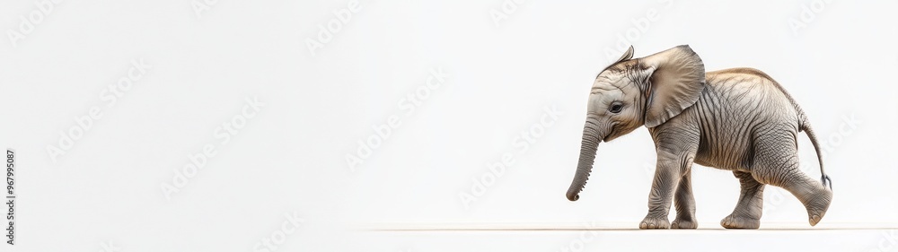 Fototapeta premium Curious Baby Elephant Exploring, a playful young elephant investigates its surroundings against a clean white backdrop, showcasing its playful spirit and gentle nature.
