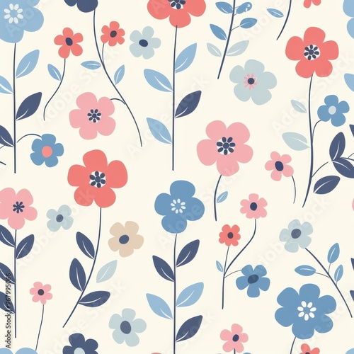 A flowery pattern with pink, blue, and white flowers photo