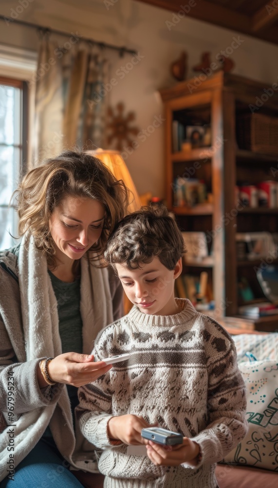 Mother Teaching Son to Use Digital Thermometer in Cozy Living Room - Family Health Care Mother Teaching Son to Use Digital Thermometer in Cozy Living Room - Family Health Care