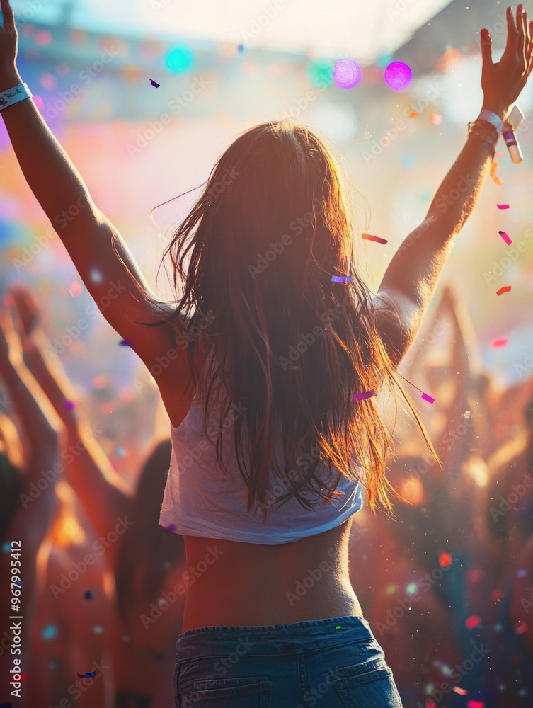 Obraz premium The image captures a vibrant concert scene with a crowd of people enjoying the music and atmosphere. A woman in the center is celebrating