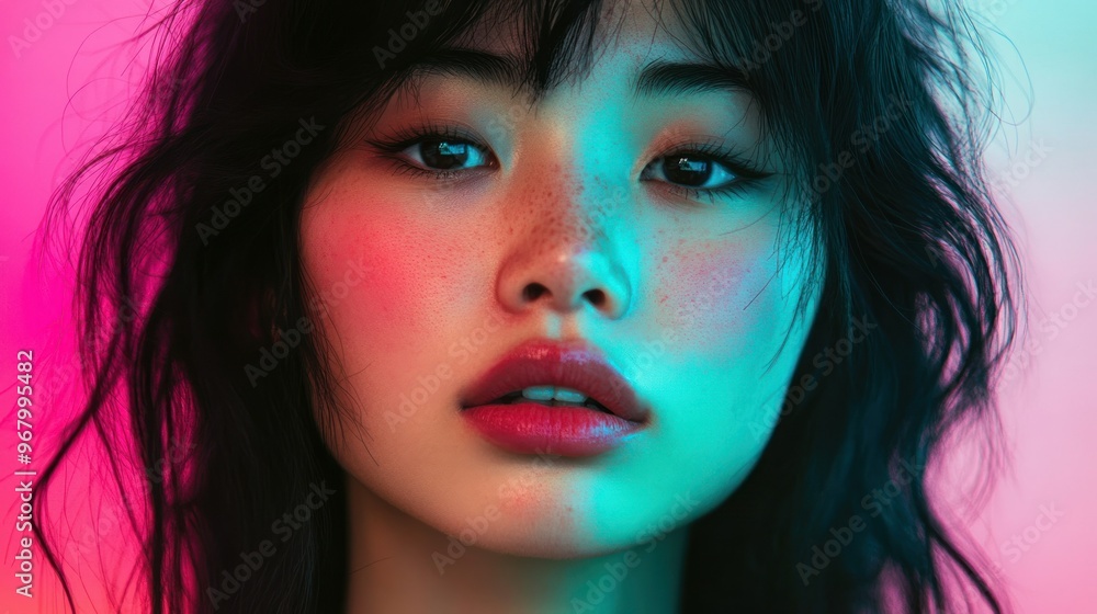 Close-up Portrait of a Woman with Neon Lighting on her Face and Hair Close-up Portrait of a Woman with Neon Lighting on her Face and Hair
