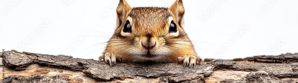 Obraz premium Curious Chipmunk in Log, a full-body portrait of a chipmunk peering out from a log, set against a minimalist white background, showcasing its inquisitive nature.